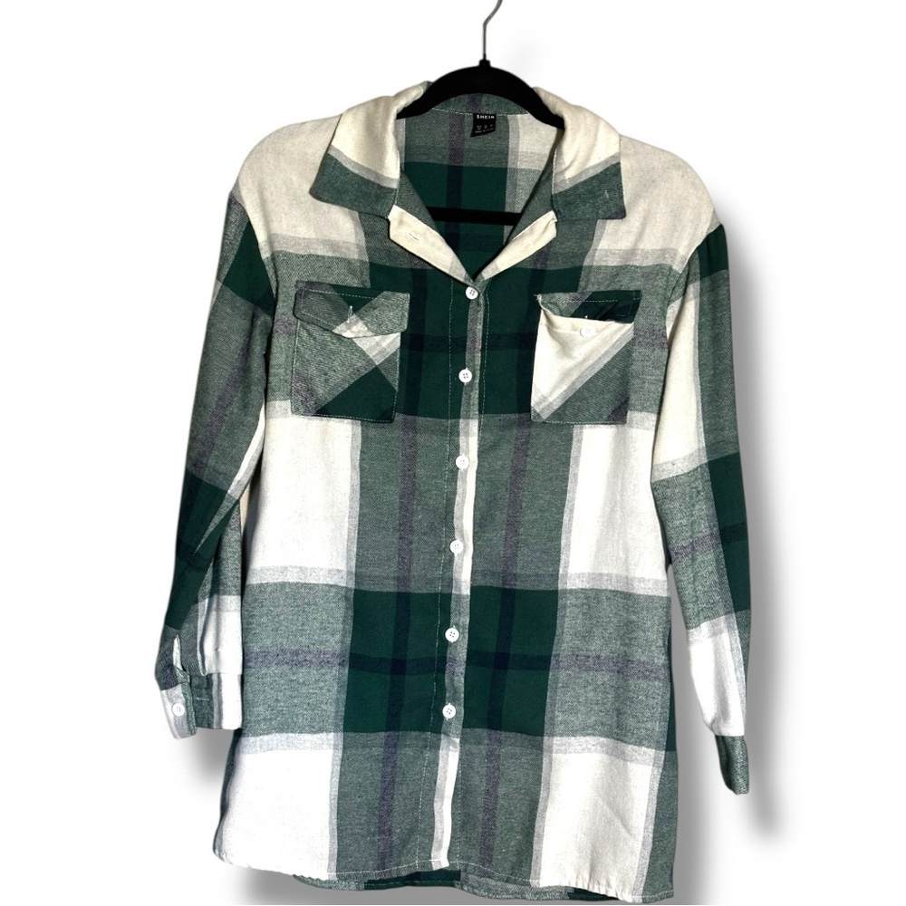 Shein Plaid Flannel Green and White Button-Up Womens Long Sleeve Shirt - Picture 11 of 15